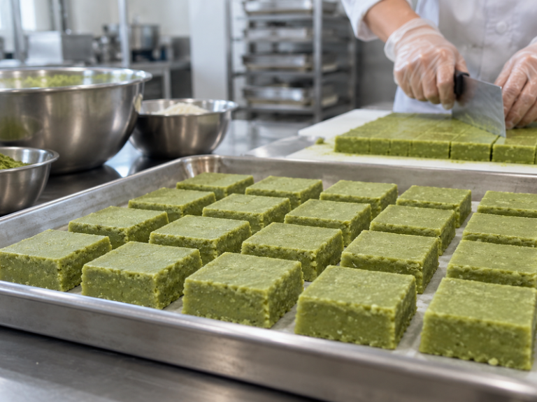 Plain matcha barfi squares in a Chinese confectionery pilot kitchen