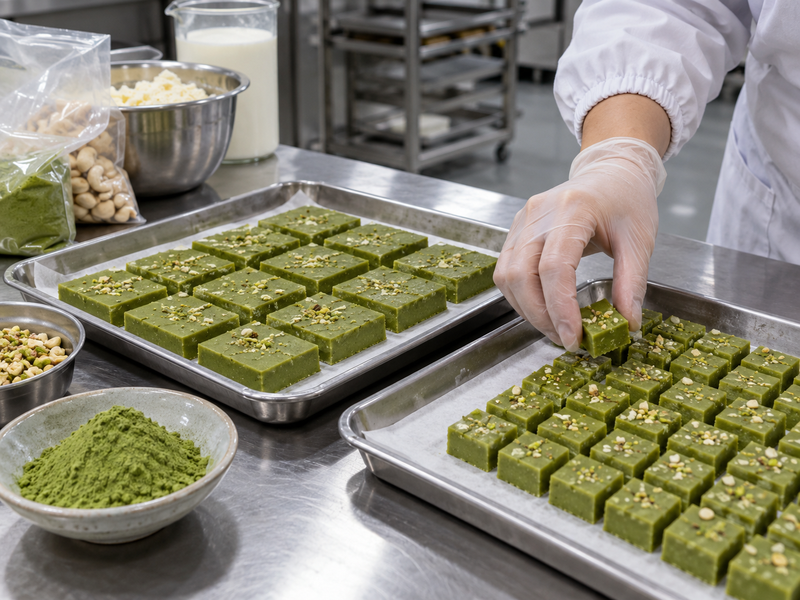 Two portion formats of matcha barfi compared in a Chinese confectionery pilot kitchen