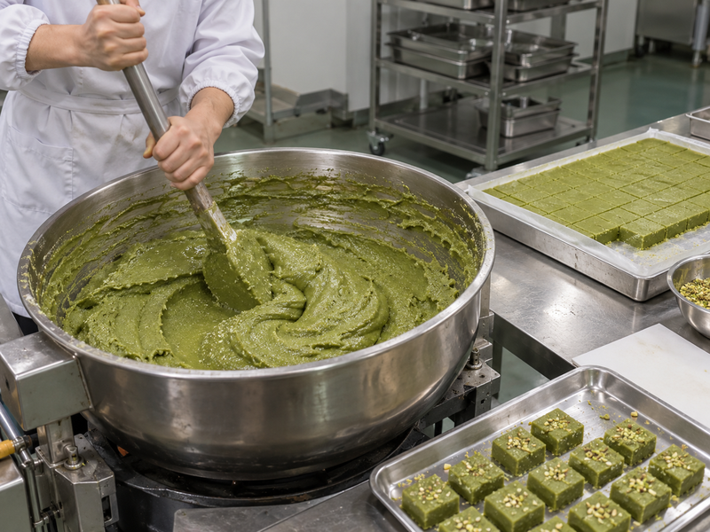Worker mixing a thick matcha barfi mass in a Chinese confectionery pilot kitchen