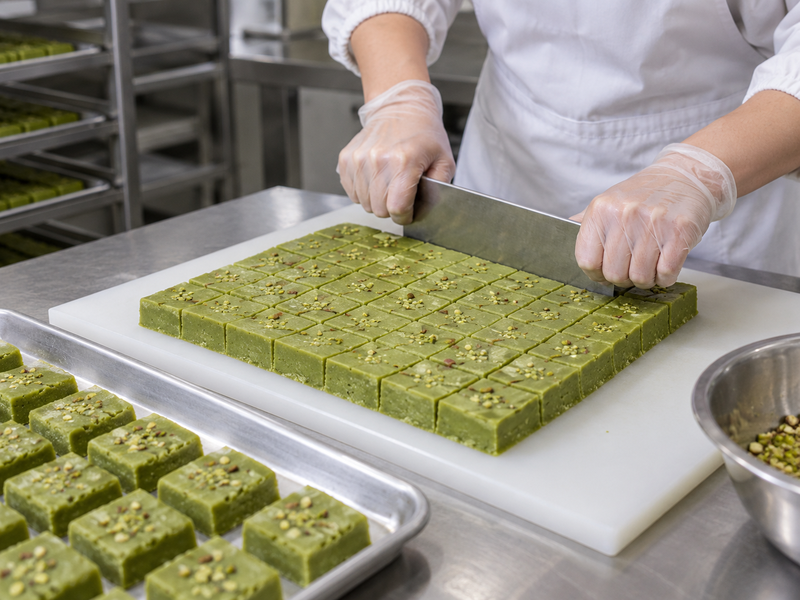 Even squares being cut from a set matcha barfi slab