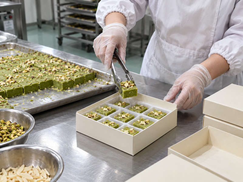 Matcha barfi squares placed into a compartmented retail pack trial