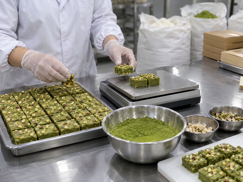 Matcha powder and finished barfi squares checked for batch yield