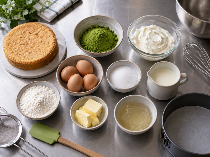 Clean slice of layered matcha mousse cake