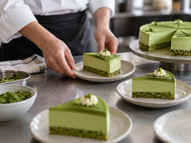 Matcha mousse and sponge layer tasting samples