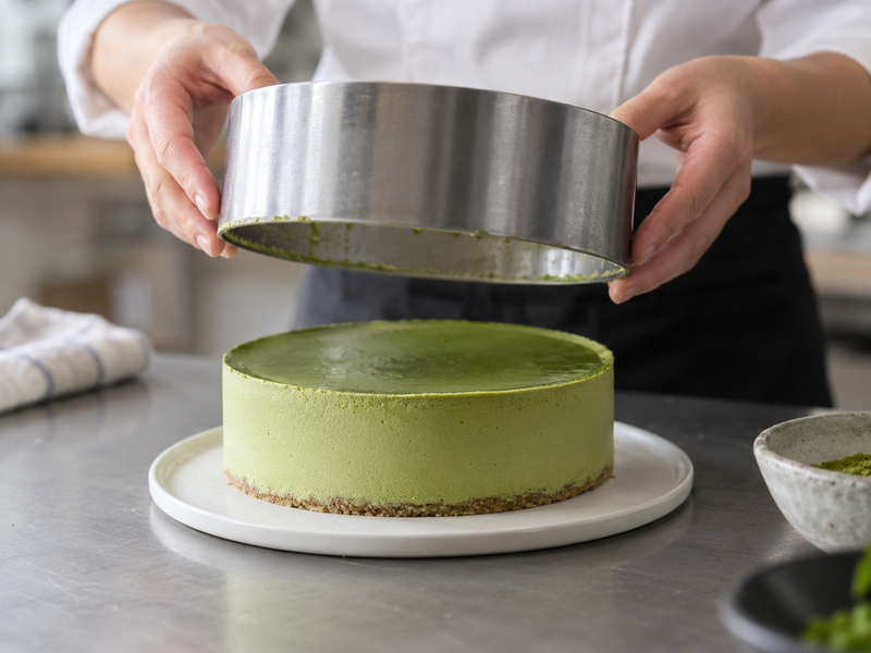Chilled matcha mousse cake being unmolded