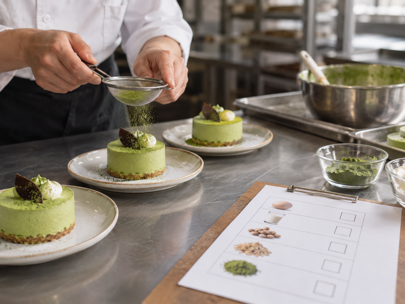 Matcha mousse cake portions and allergen sheet