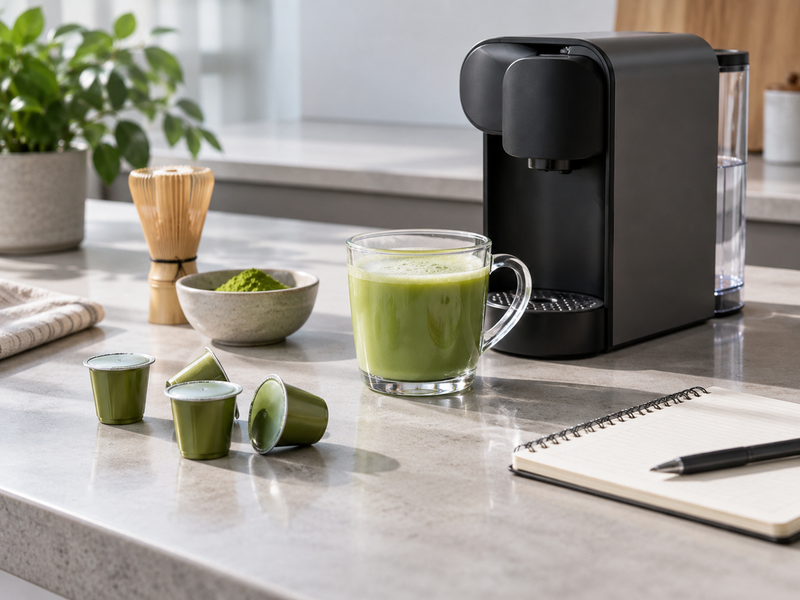 Three matcha capsule beverages compared at fixed cup volume and stir time