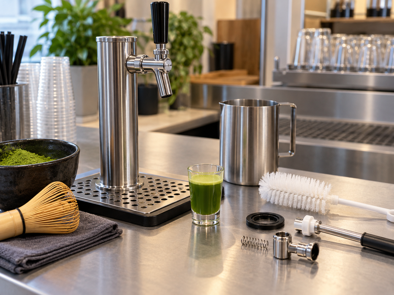 Commercial matcha dispensing systems and manual tools compared on a clean cafe counter
