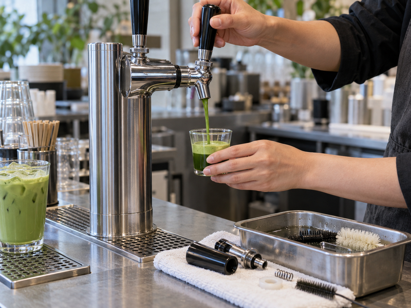 Barista collecting sequential matcha tap pours in identical sample cups
