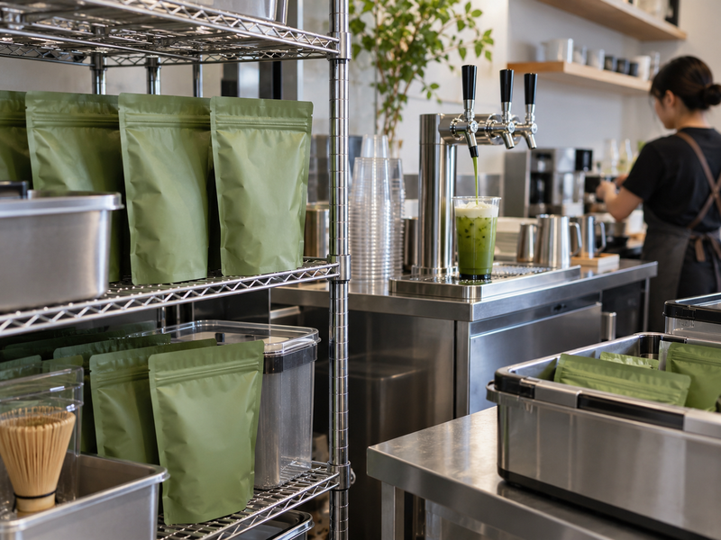 Cafe manager comparing manual and machine service cost sheets beside matcha cups