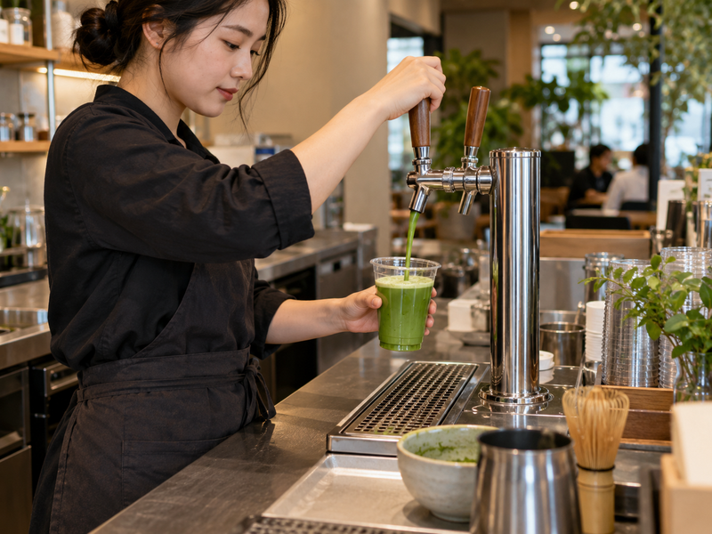 Equipment vendor demonstrating a matcha dispenser refill and cleaning routine