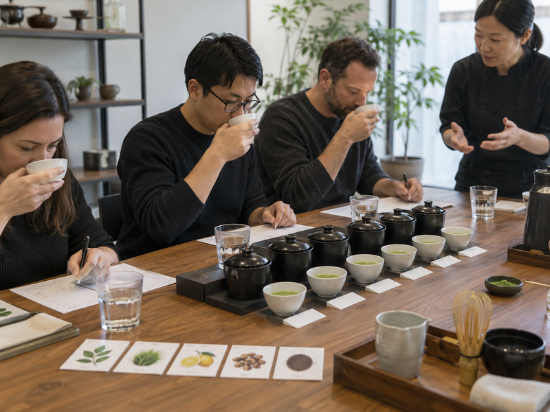 Matcha dose water and timer at a standardized preparation bench