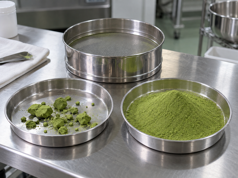 Matcha Sifter Weights: Matcha powder in steel sifting equipment