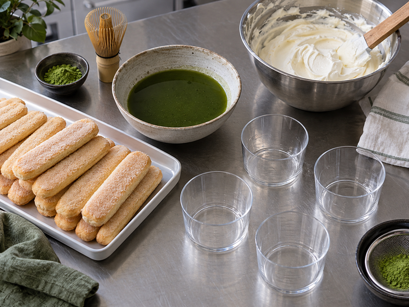 Single-serve matcha tiramisu cups with distinct layers