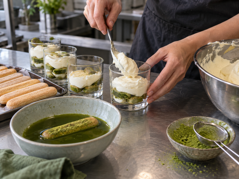 Ladyfingers receiving a measured matcha soak