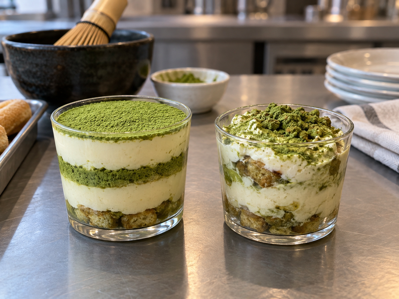 Assembly line of matcha tiramisu cups being filled