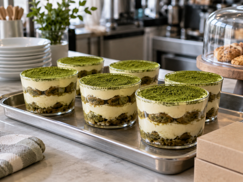 Labeled matcha tiramisu cups in chilled cafe storage