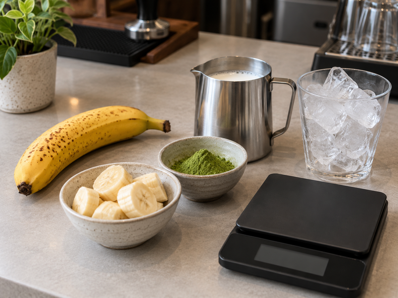 Ripe banana, matcha and milk measured for a café trial