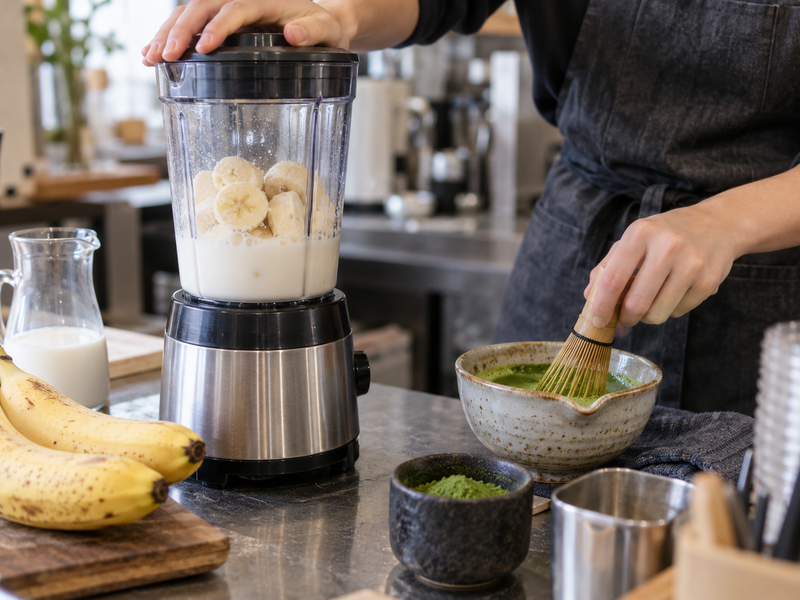 Banana milk blended separately from whisked matcha