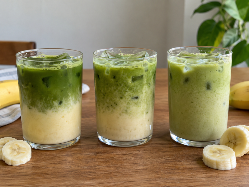 Three banana matcha trial cups with different fruit thickness