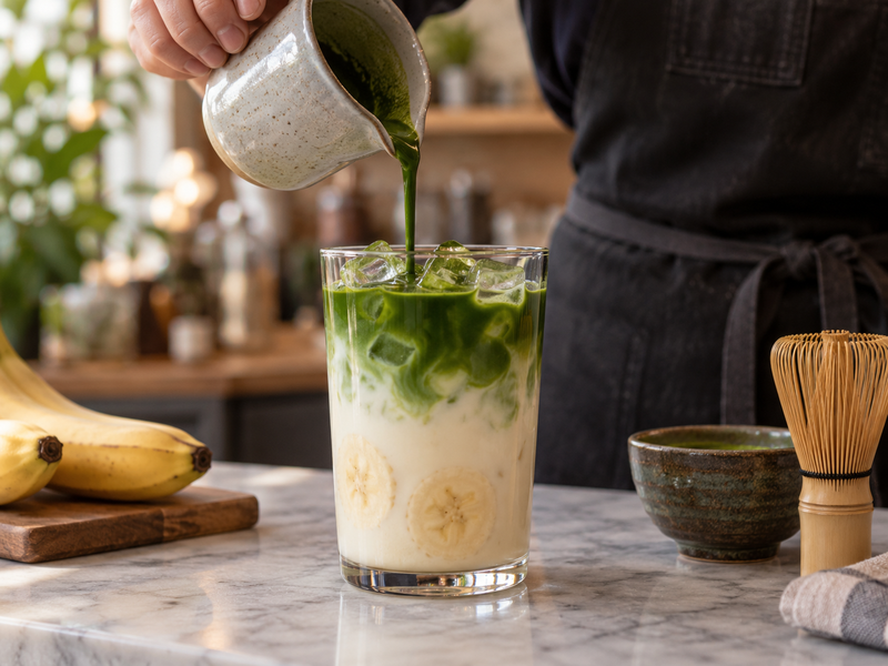Matcha concentrate poured over iced banana milk