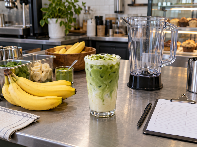 Finished banana matcha latte beside a clean blender station