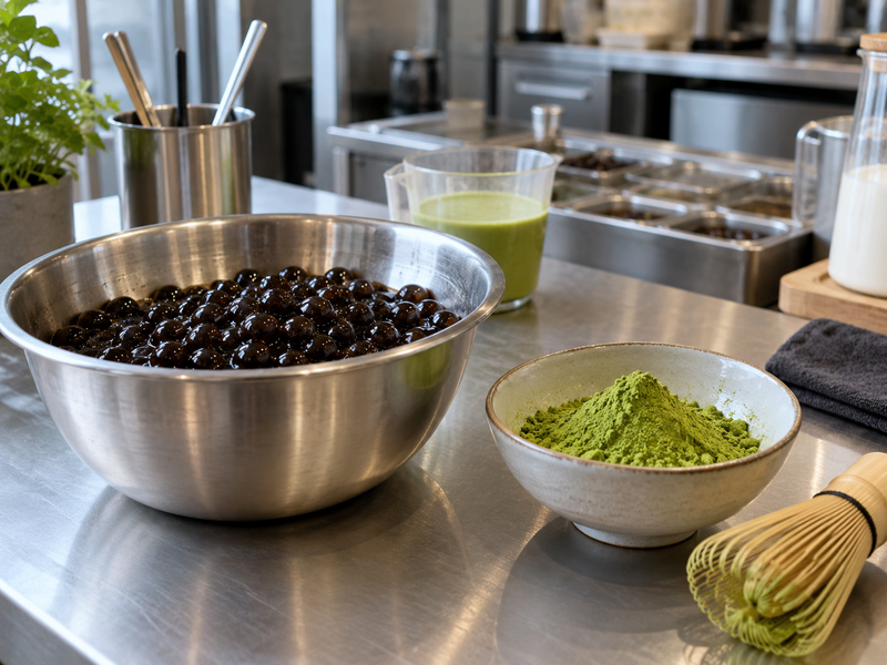 Tapioca pearls and matcha powder prepared separately at a cafe station