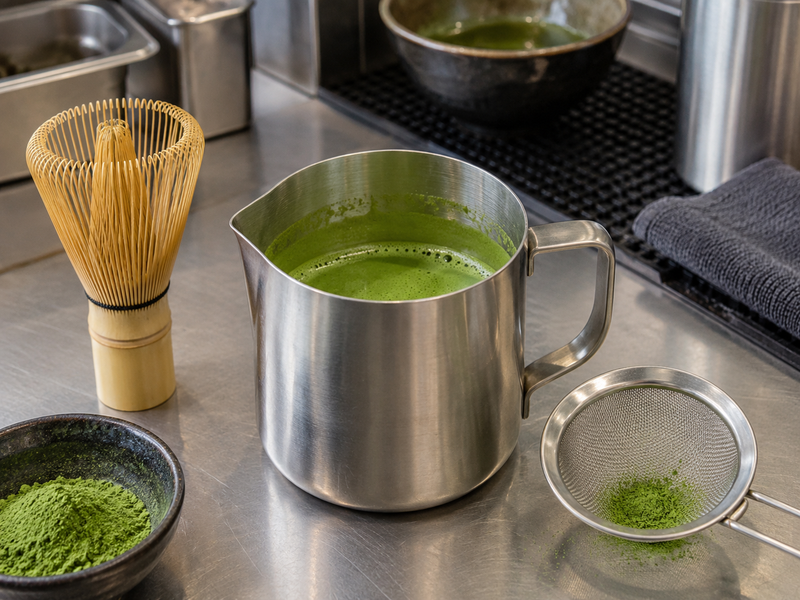 Matcha concentrate whisked in a measured stainless pitcher