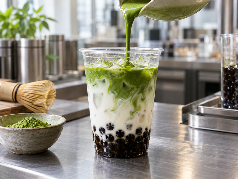 Clear cup assembly with pearls, ice, milk and matcha layers