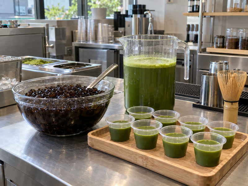 Unlabeled matcha boba sample cups used for a cafe quality comparison