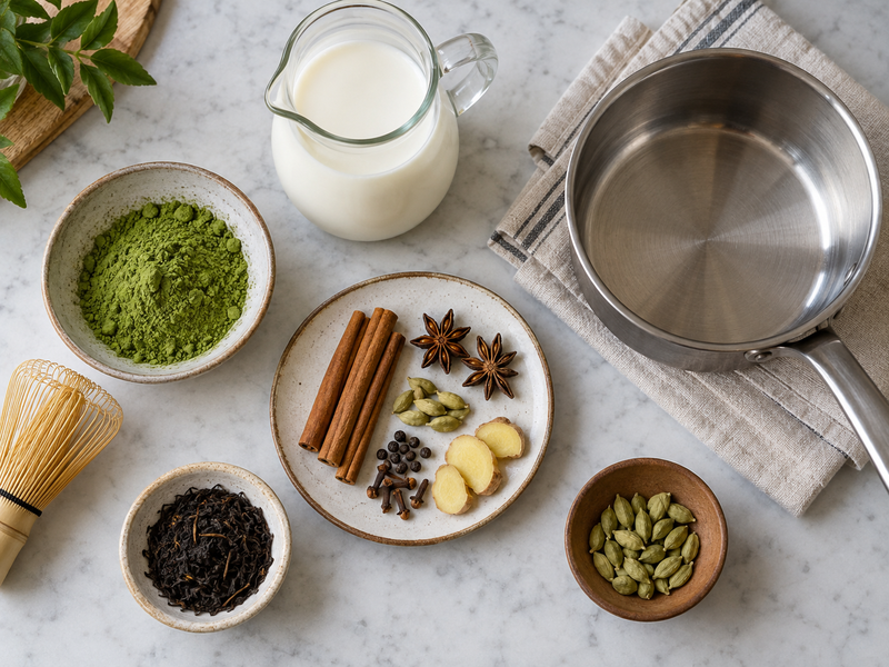 Hot matcha chai prepared for cafe tasting