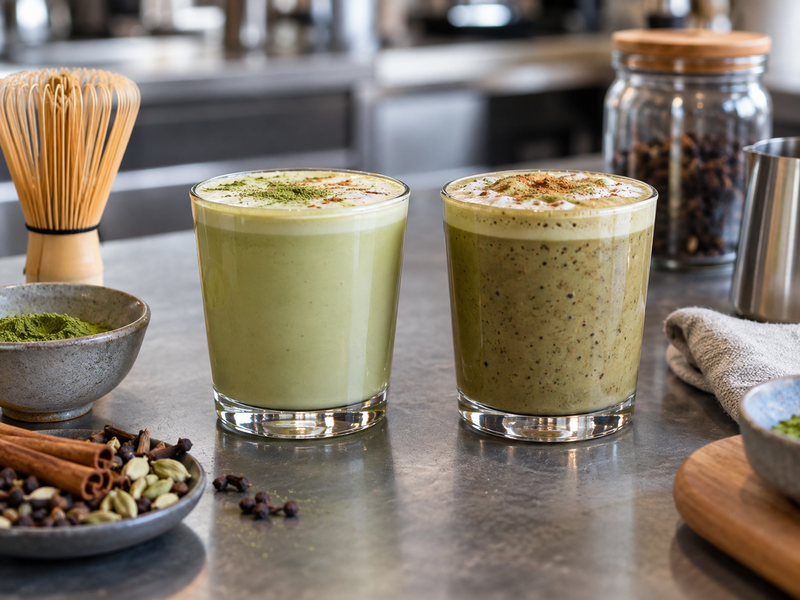 Barista assembling a hot matcha chai