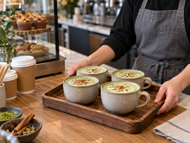 Labeled chai base and matcha mise en place