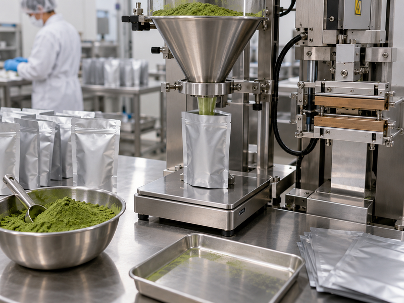 Matcha filling machine selection trial with unbranded pouches and tins beside a dosing unit