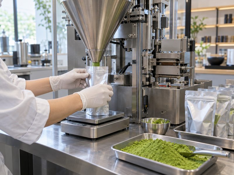 Two powder dosing mechanisms being compared with labeled matcha sample pouches and a laboratory balance