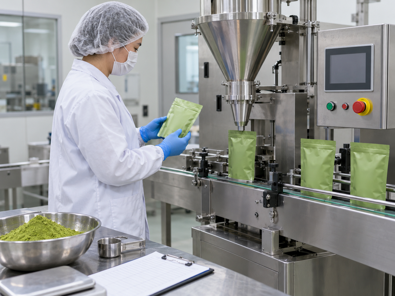 Close view of unbranded matcha pouches at a powder filling and heat sealing station