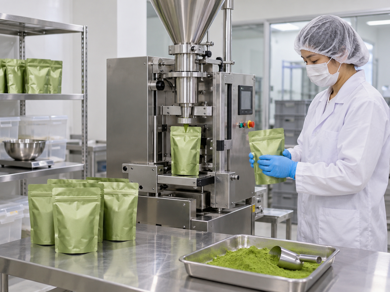 Technician disassembling a matcha powder filler for documented cleaning and changeover inspection