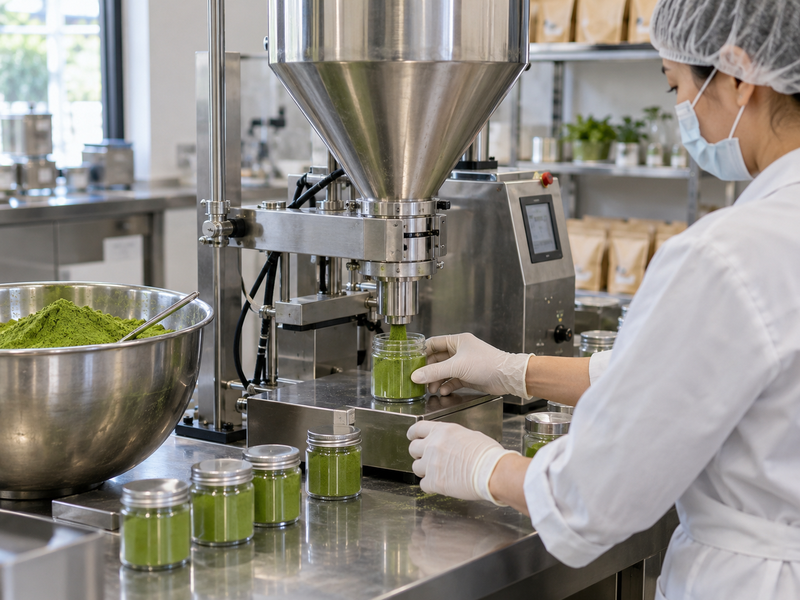Buyer and machine vendor inspecting a labeled run of matcha pouches with acceptance checklist and scale