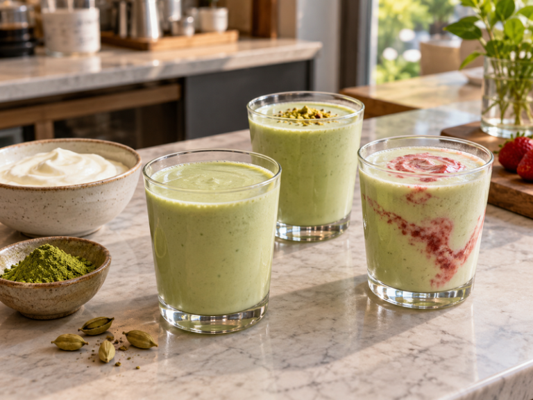 Three matcha lassi variations on a Chinese café counter