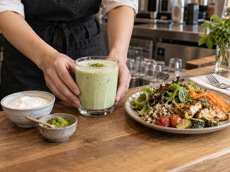 Matcha lassi served beside yogurt and matcha at a café counter