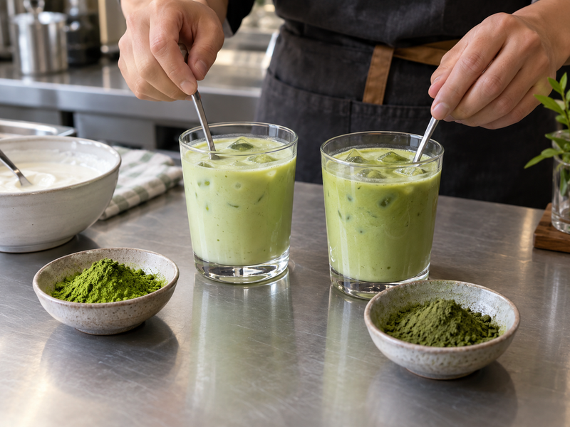 Matcha powder candidates compared in small yogurt lassi samples