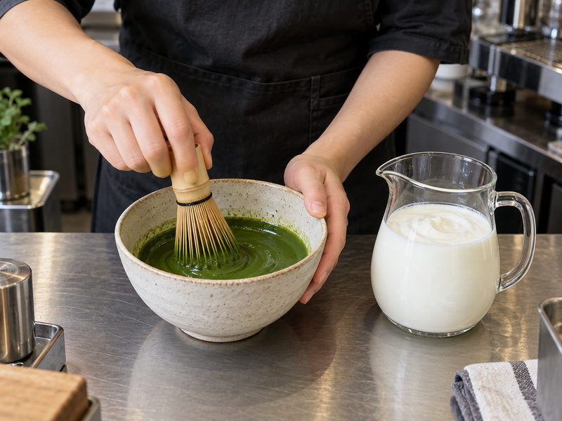 Café worker whisking matcha slurry before blending lassi