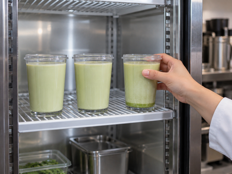 Chilled matcha lassi samples held in a commercial café refrigerator