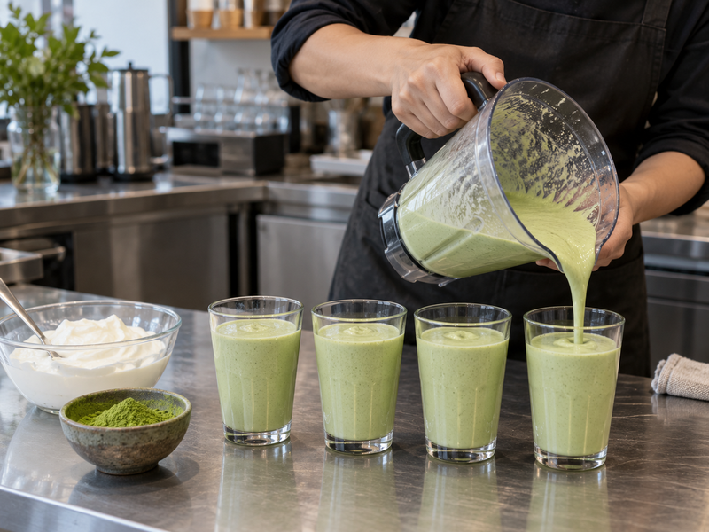 Café staff measuring matcha lassi ingredients and finished glasses
