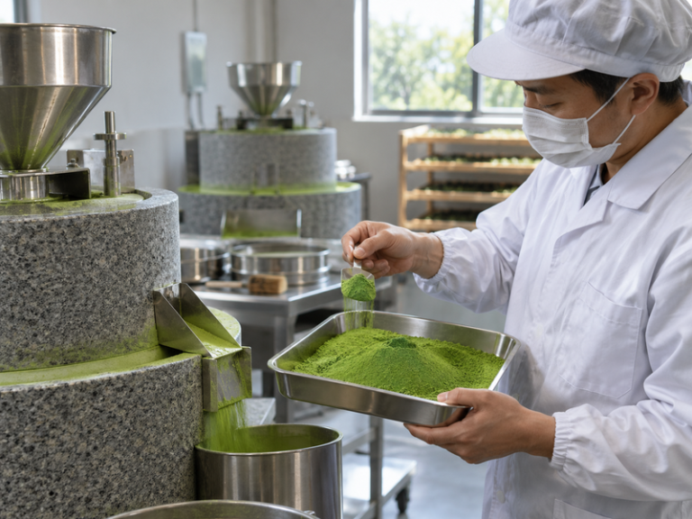 Illustrative matcha scene for matcha powder production process article