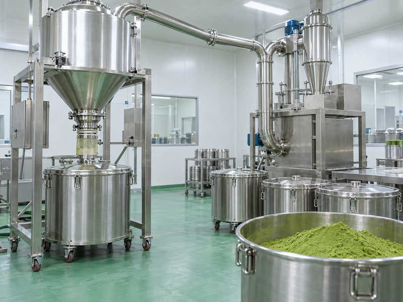 Matcha powder sifting line with labeled retained and accepted output