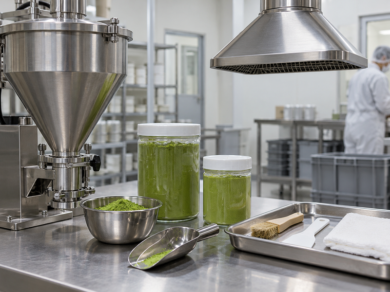Matcha blend and packing process map marking open powder transfer points