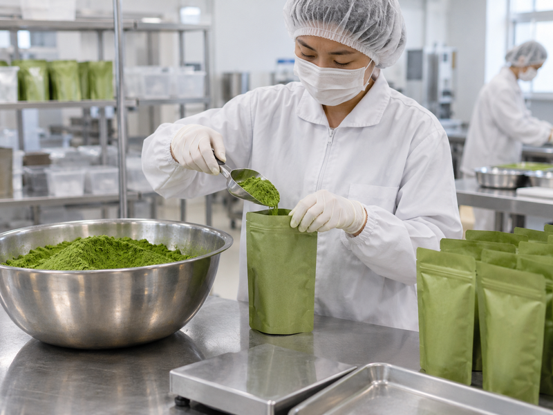 Safety reviewer inspecting dust collection routing and overhead ledges in a matcha packing room