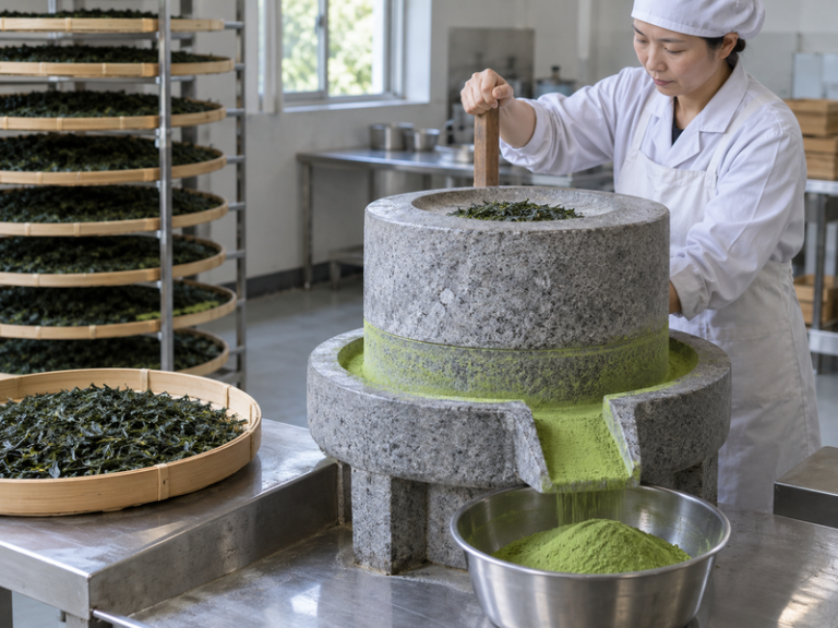 Stone mill grinding green tea leaves into matcha powder