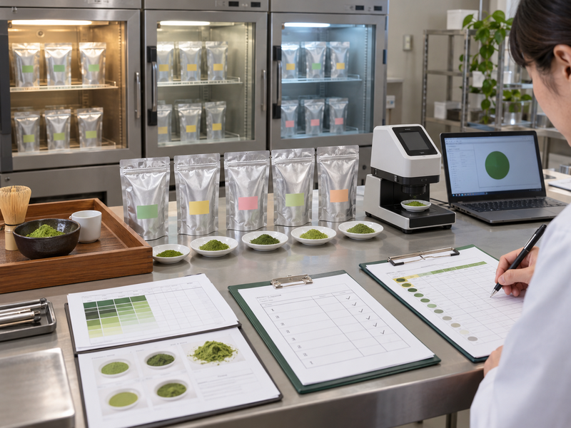 A technician arranging sealed matcha trial packs by lot and packaging format